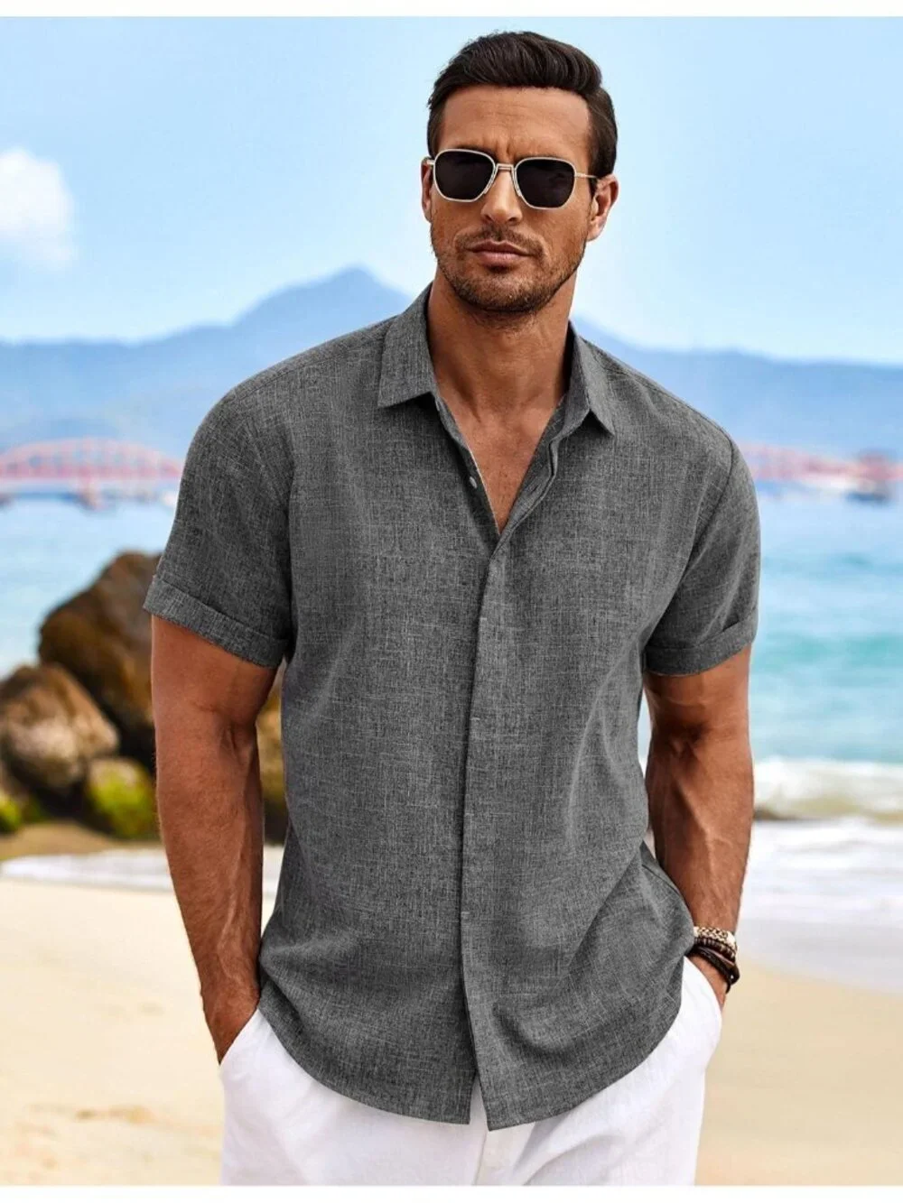 Men's Dark Grey Beach Linen Short Sleeve Casual Wedding Shirts Button Down